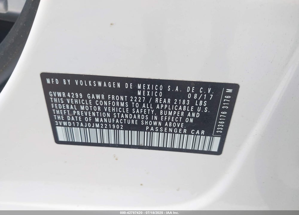 2018 VOLKSWAGEN JETTA VIN: 3VWD17AJ0JM221902