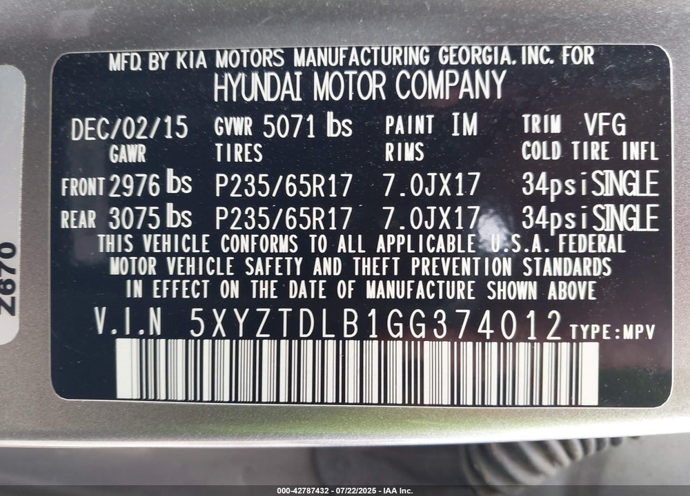 2016 HYUNDAI SANTA FE SPORT VIN: 5XYZTDLB1GG374012