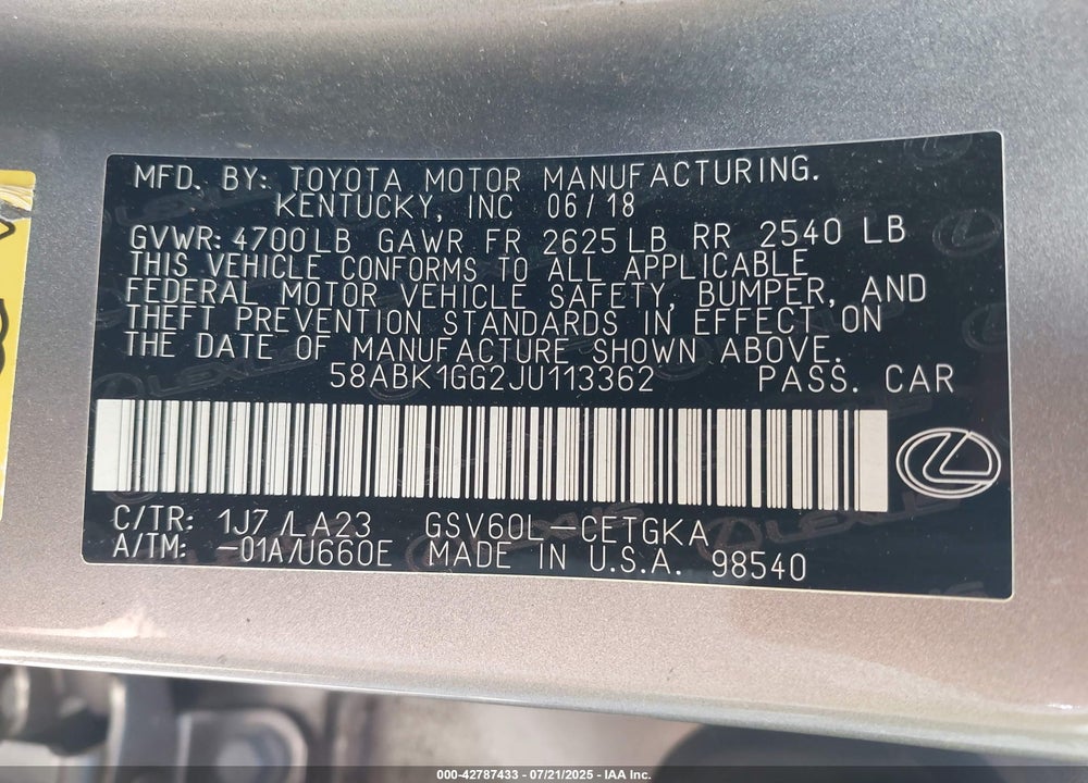 2018 LEXUS ES 350 VIN: 58ABK1GG2JU113362