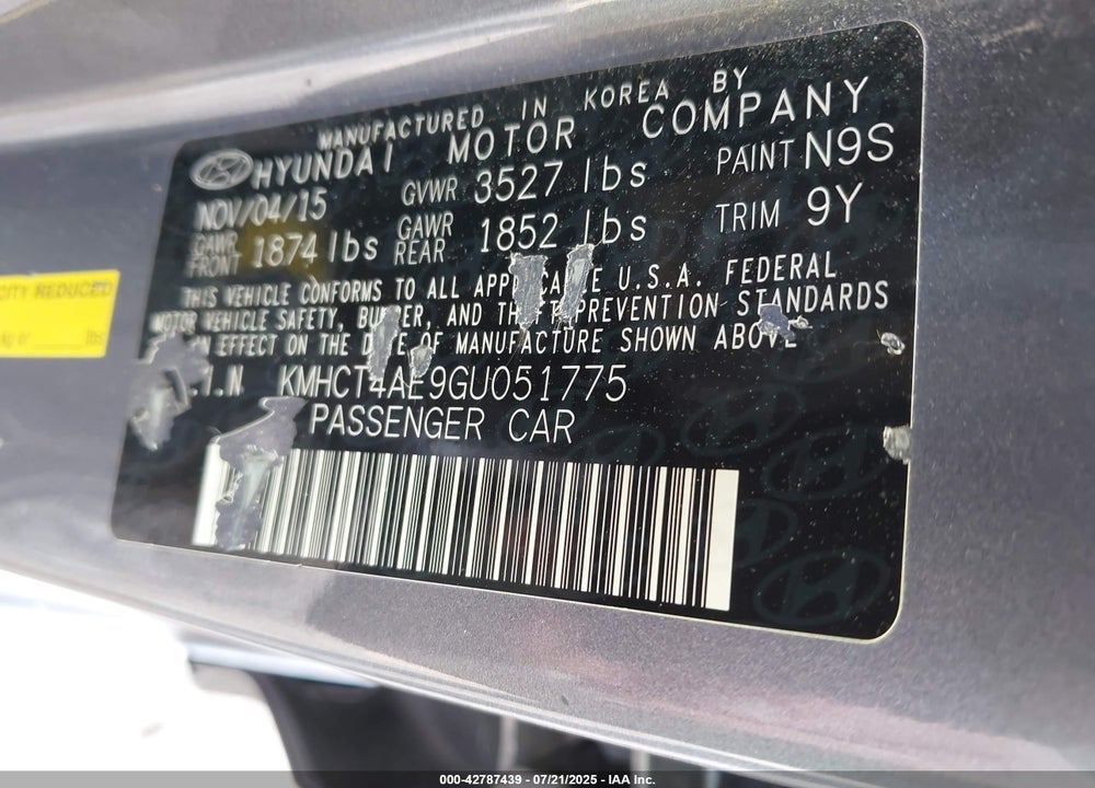 2016 HYUNDAI ACCENT VIN: KMHCT4AE9GU051775
