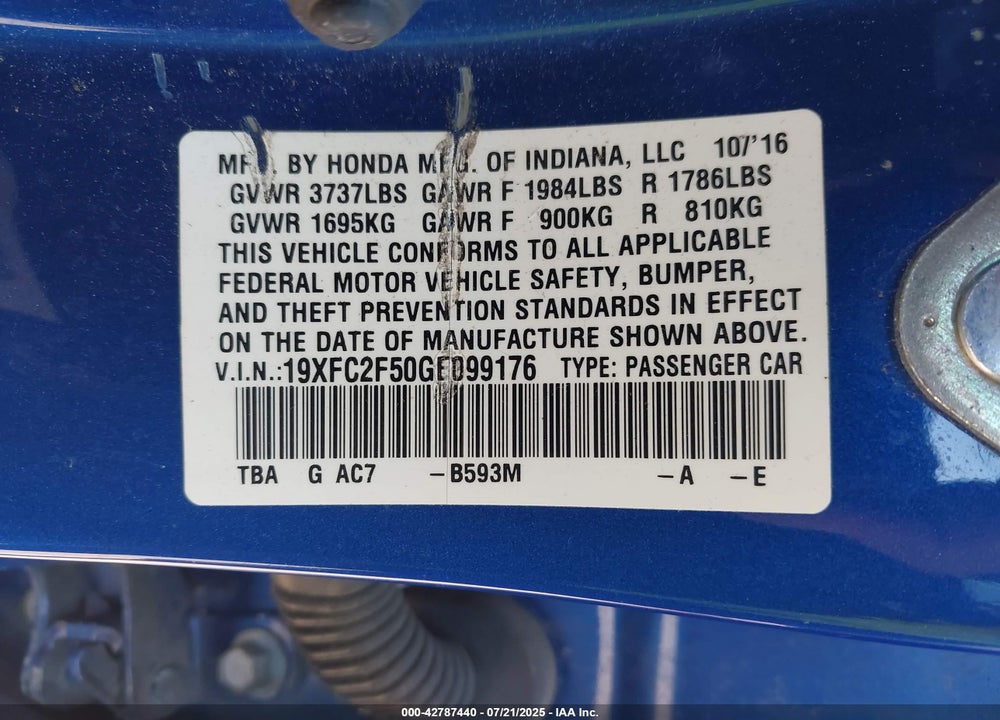 2016 HONDA CIVIC LX VIN: 19XFC2F50GE099176