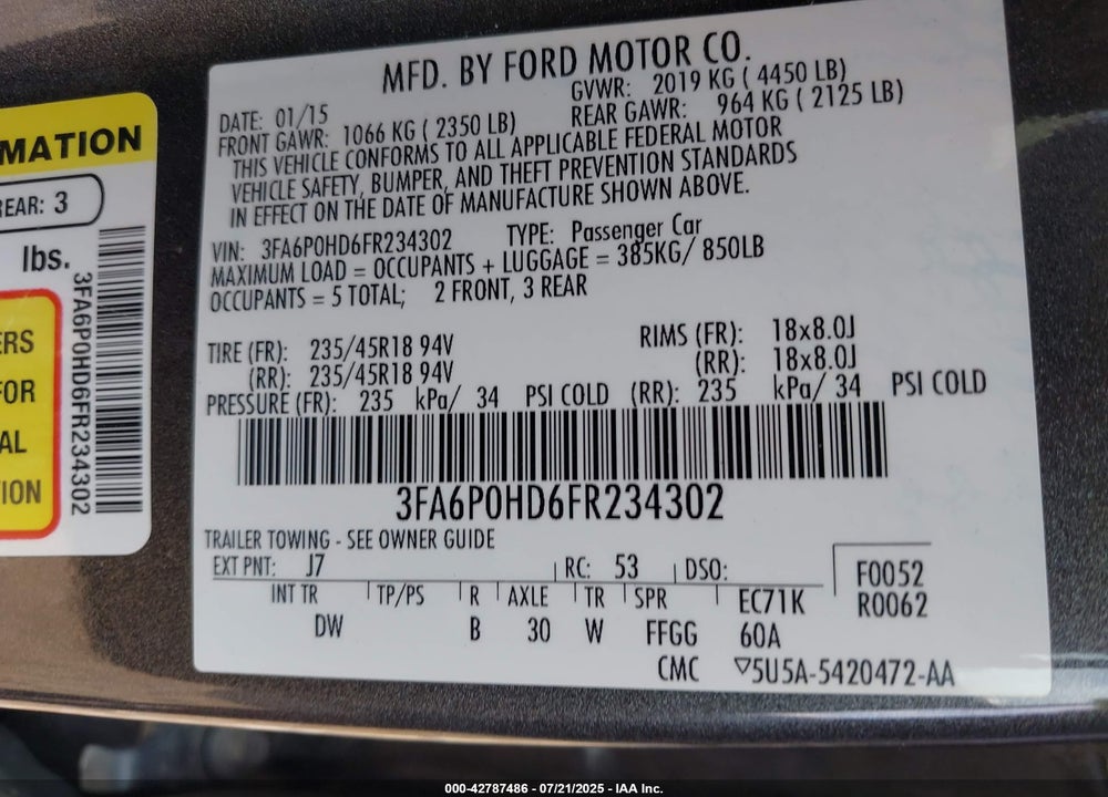2015 FORD FUSION SE VIN: 3FA6P0HD6FR234302