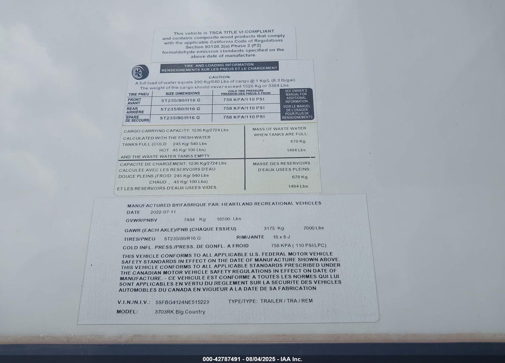 2022 HEARTLAND BIG COUNTRY 3703RK VIN: 5SFBG4124NE515229