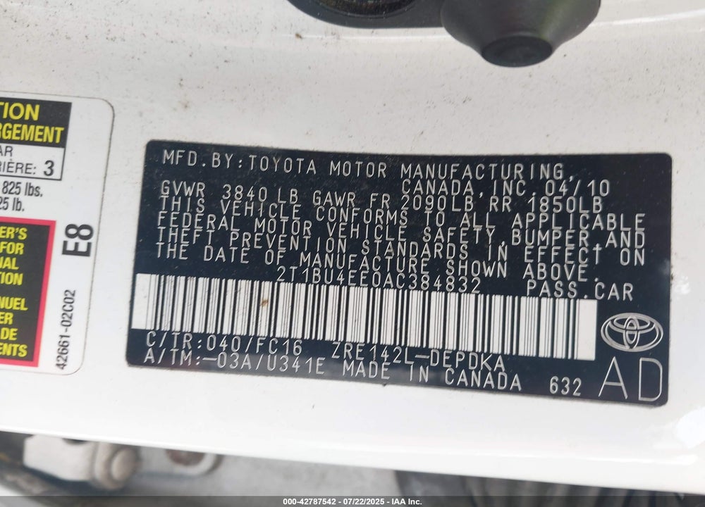 2010 TOYOTA COROLLA VIN: 2T1BU4EE0AC384832