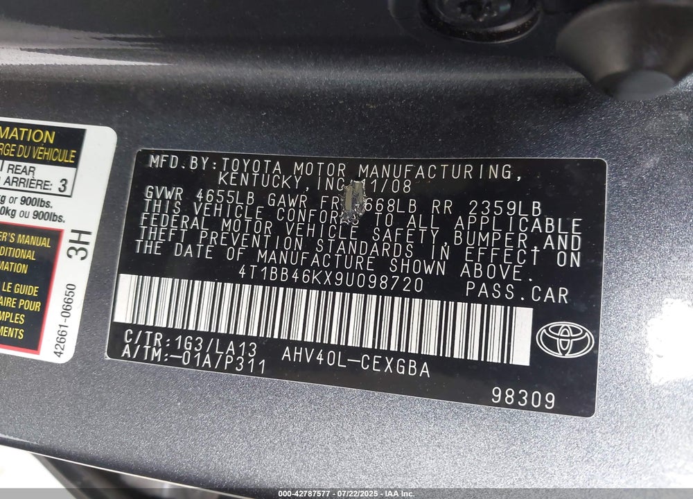 2009 TOYOTA CAMRY HYBRID VIN: 4T1BB46KX9U098720