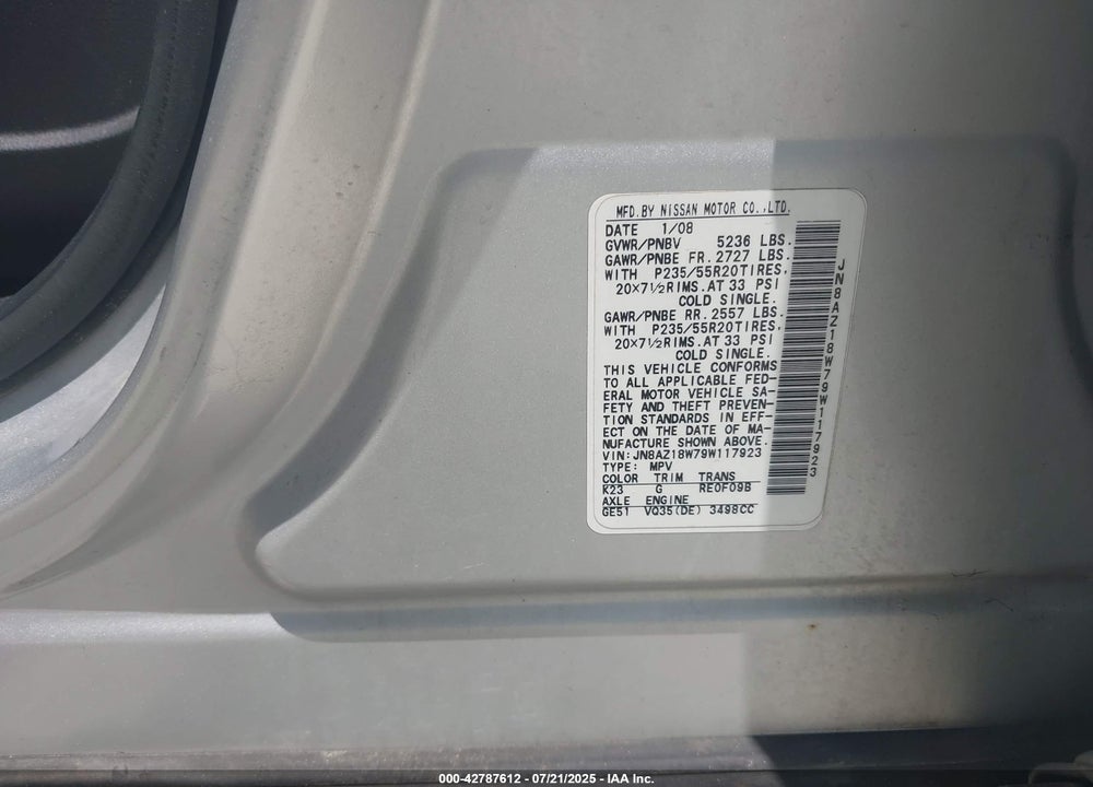2009 NISSAN MURANO VIN: JN8AZ18W79W117923