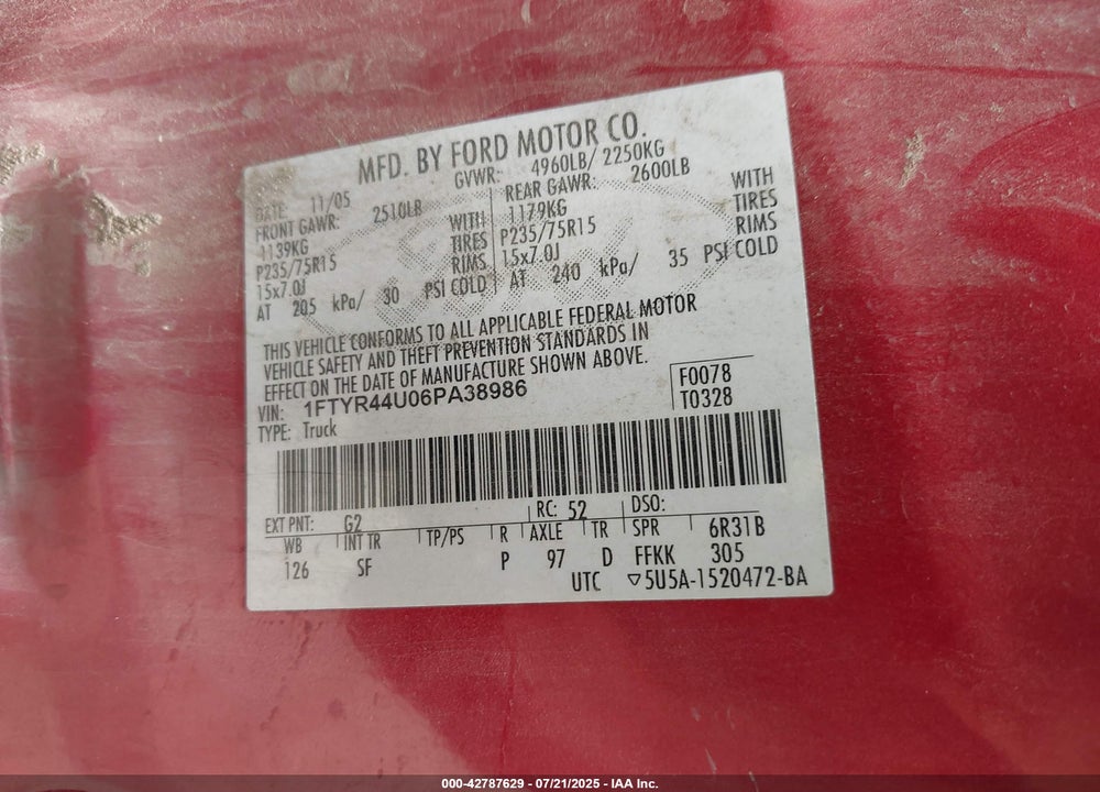 2006 FORD RANGER VIN: 1FTYR44U06PA38986