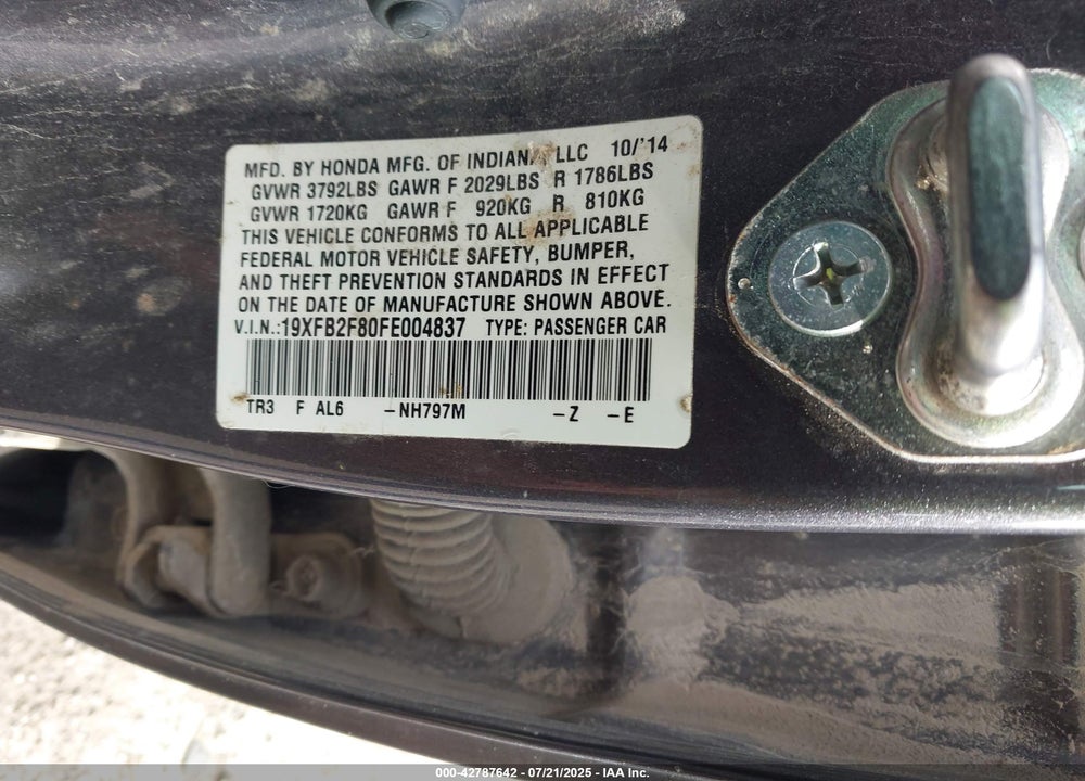 2015 HONDA CIVIC VIN: 19XFB2F80FE004837