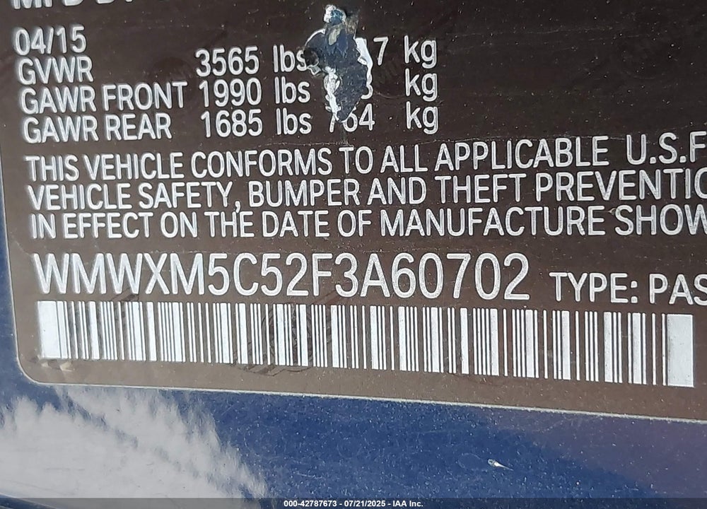 2015 MINI COOPER VIN: WMWXM5C52F3A60702