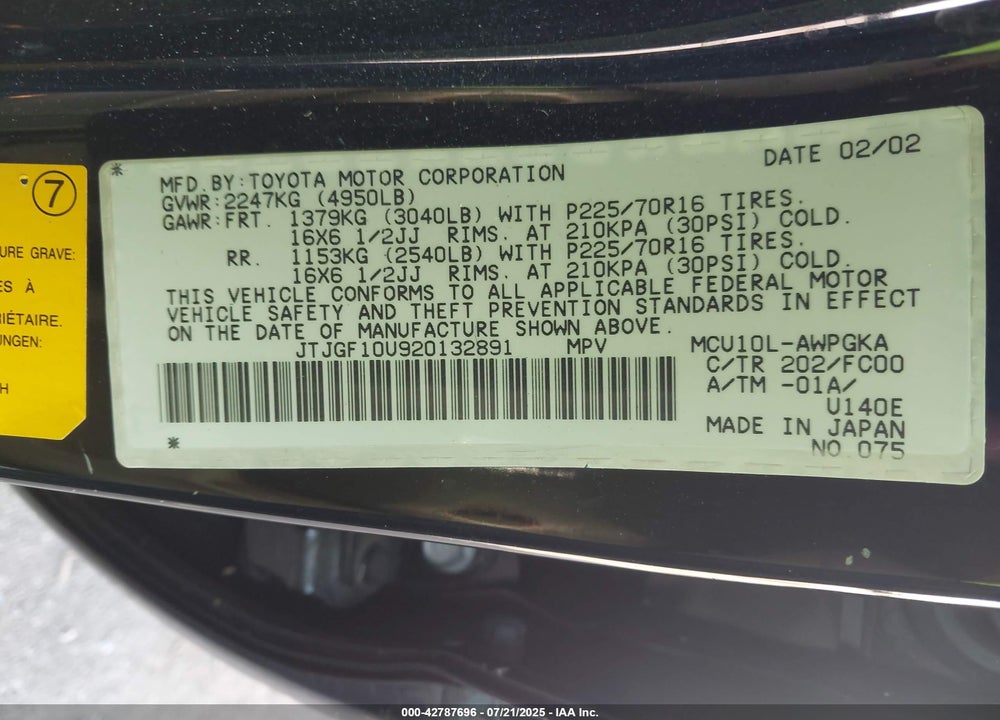 2002 LEXUS RX 300 VIN: JTJGF10U920132891