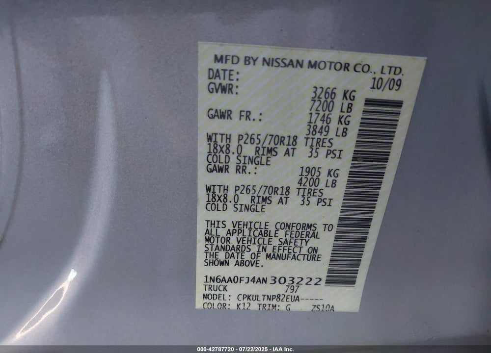 2010 NISSAN TITAN VIN: 1N6AA0FJ4AN303222