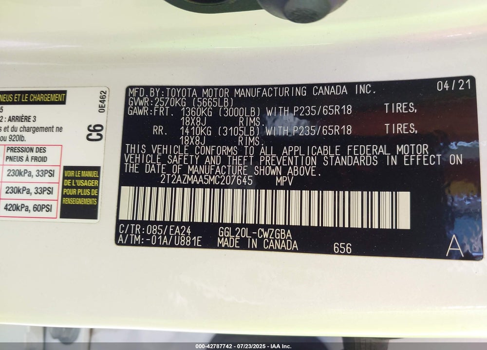 2021 LEXUS RX 350 VIN: 2T2AZMAA5MC207645