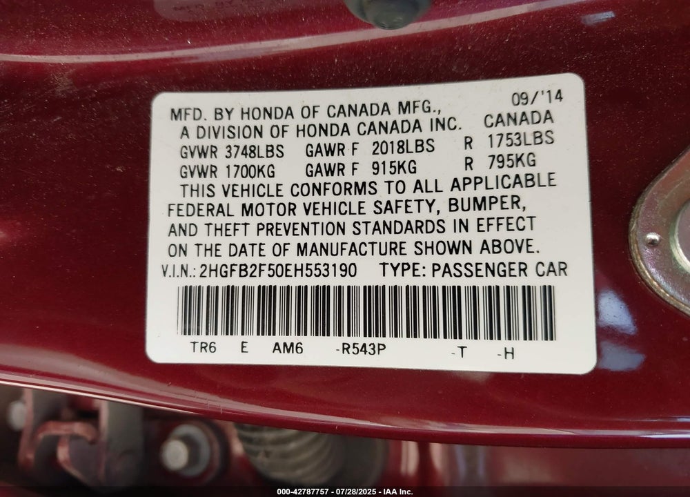 2014 HONDA CIVIC VIN: 2HGFB2F50EH553190
