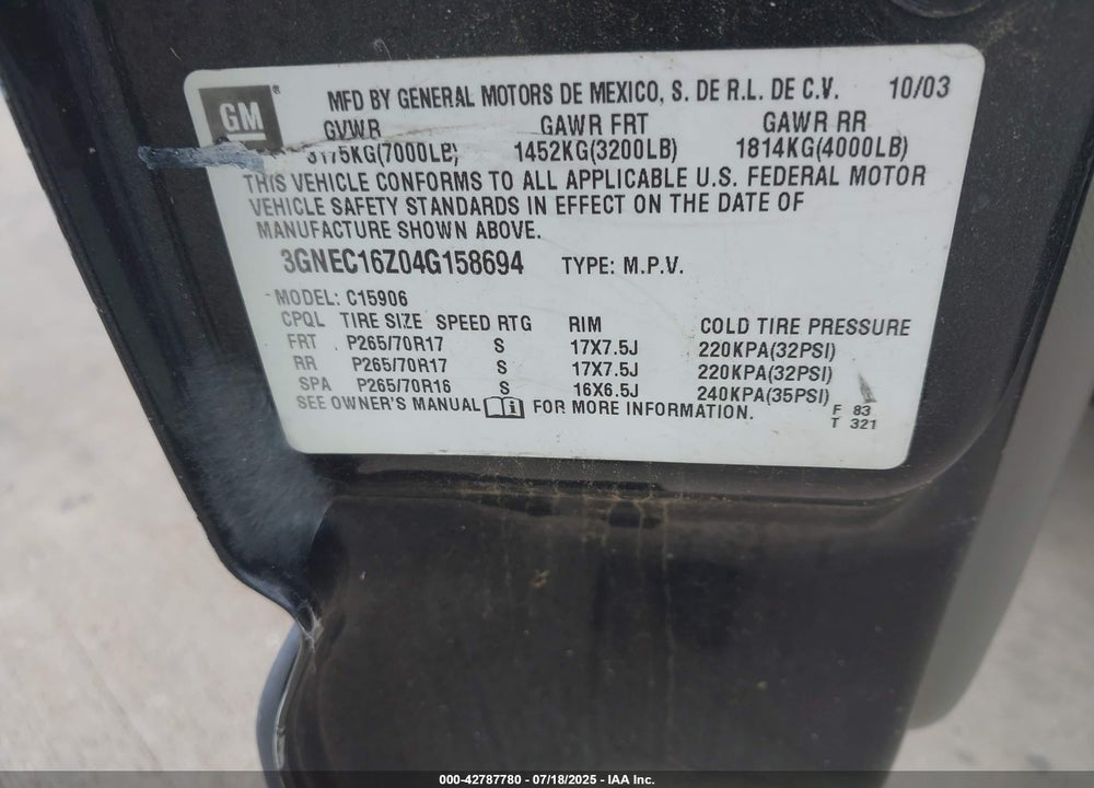 2004 CHEVROLET SUBURBAN 1500 LT VIN: 3GNEC16Z04G158694