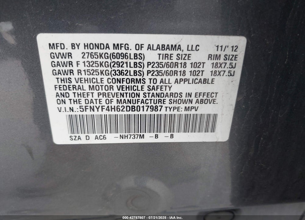 2013 HONDA PILOT VIN: 5FNYF4H62DB017987