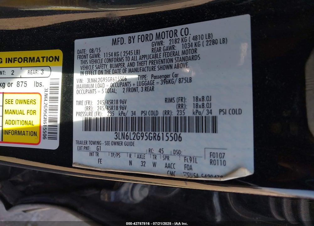 2016 LINCOLN MKZ VIN: 3LN6L2G95GR615506