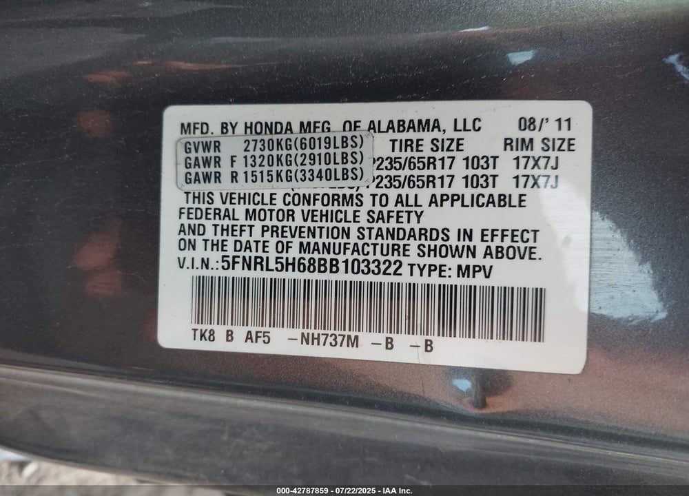 2011 HONDA ODYSSEY EX-L VIN: 5FNRL5H68BB103322