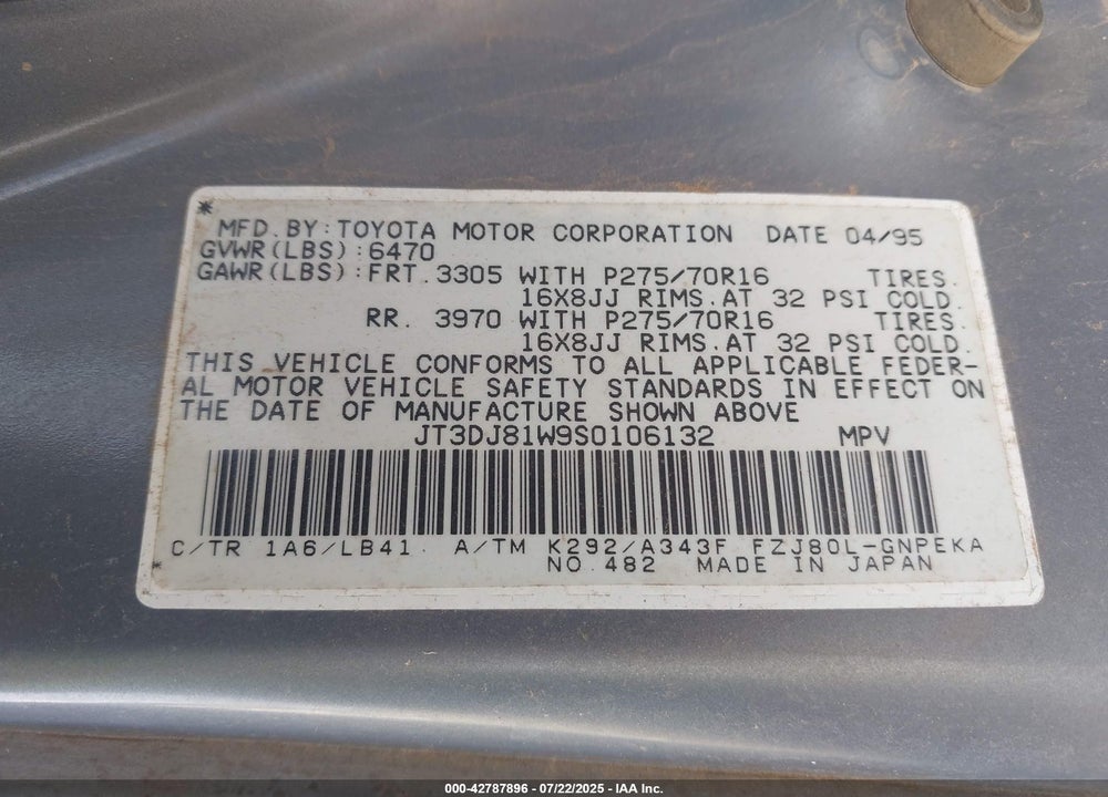 1995 TOYOTA LAND CRUISER DJ81 VIN: JT3DJ81W9S0106132