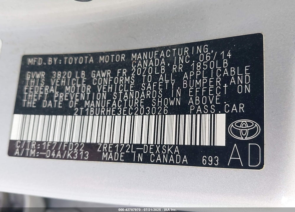 2014 TOYOTA COROLLA VIN: 2T1BURHE3EC203026