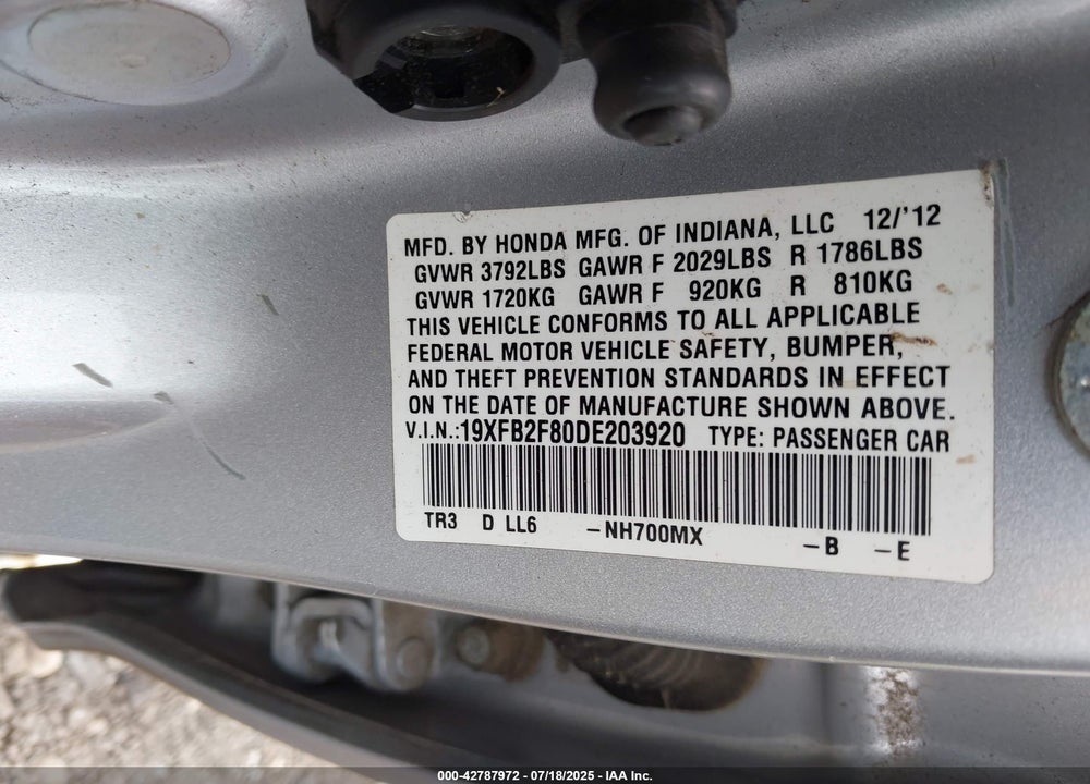 2013 HONDA CIVIC VIN: 19XFB2F80DE203920