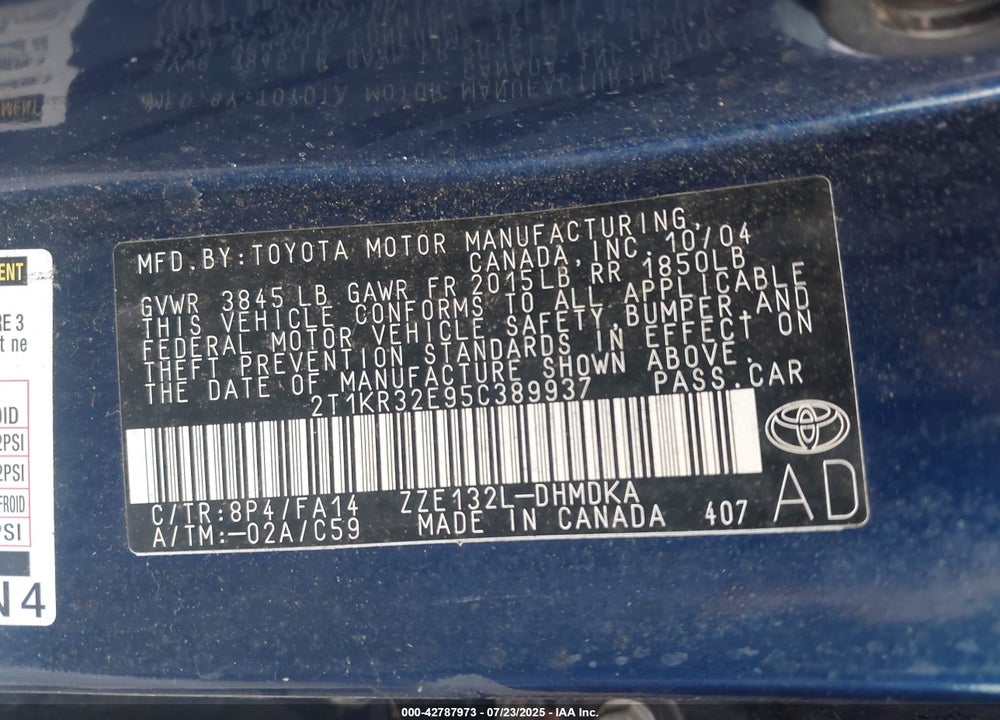 2005 TOYOTA MATRIX VIN: 2T1KR32E95C389937