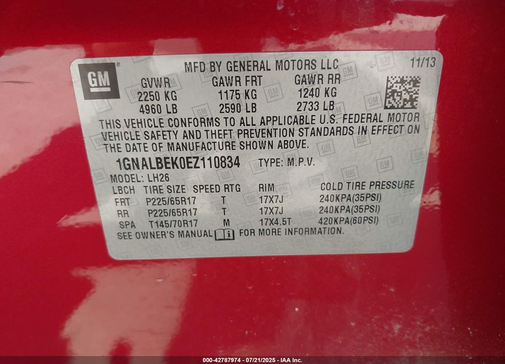 2014 CHEVROLET EQUINOX VIN: 1GNALBEK0EZ110834