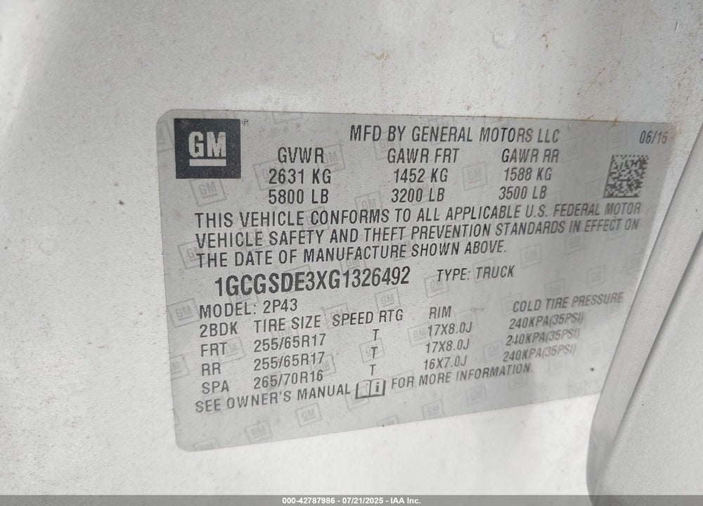2016 CHEVROLET COLORADO VIN: 1GCGSDE3XG1326492