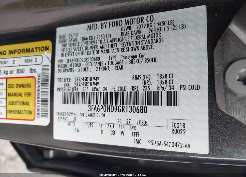 2016 FORD FUSION VIN: 3FA6P0HD9GR130680