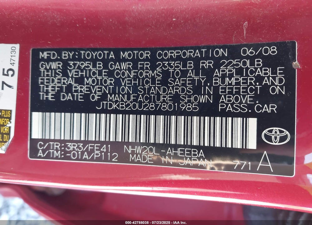 2008 TOYOTA PRIUS VIN: JTDKB20U287801985