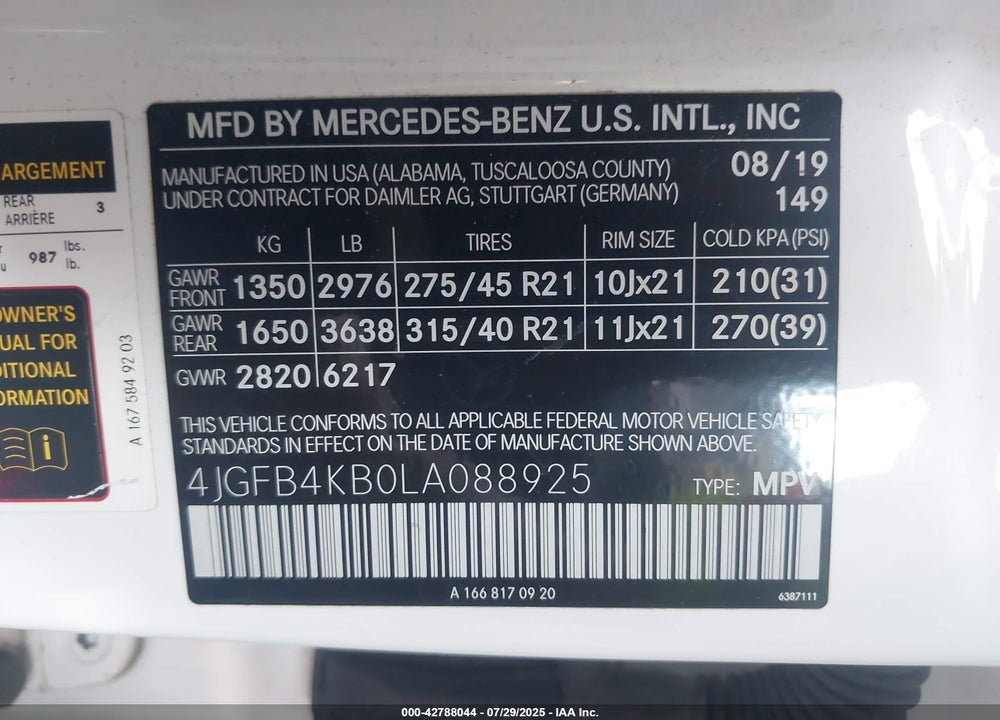 2020 MERCEDES-BENZ GLE CLASS VIN: 4JGFB4KB0LA088925