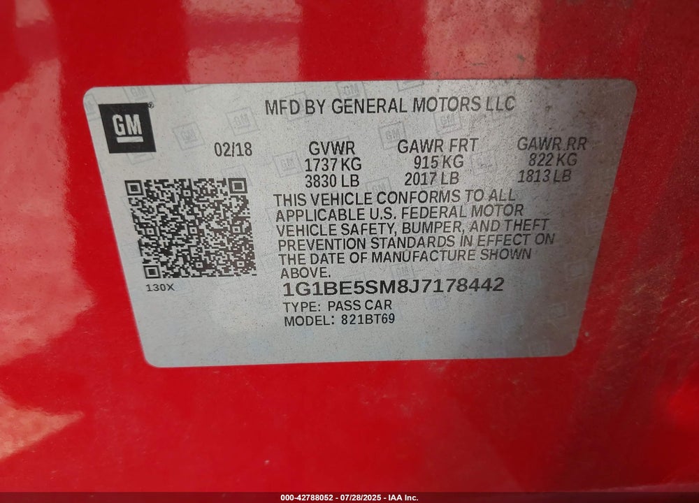 2018 CHEVROLET CRUZE VIN: 1G1BE5SM8J7178442