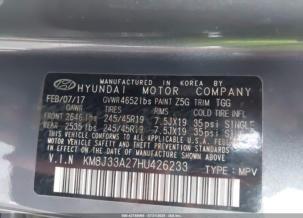 2017 HYUNDAI TUCSON VIN: KM8J33A27HU426233