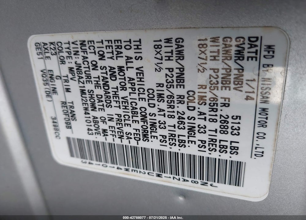 2014 NISSAN MURANO VIN: JN8AZ1MU2EW410143
