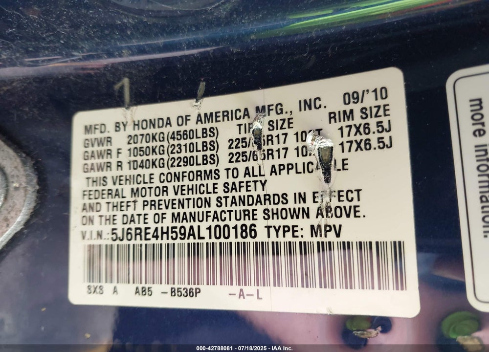 2010 HONDA CR-V VIN: 5J6RE4H59AL100186