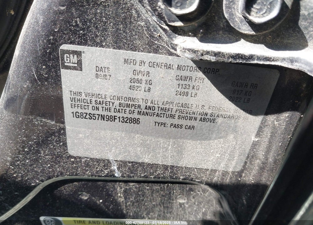 2008 SATURN AURA VIN: 1G8ZS57N98F132886