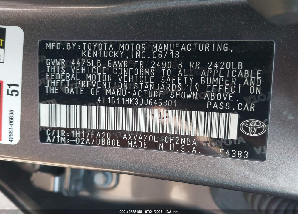 2018 TOYOTA CAMRY VIN: 4T1B11HK3JU645801