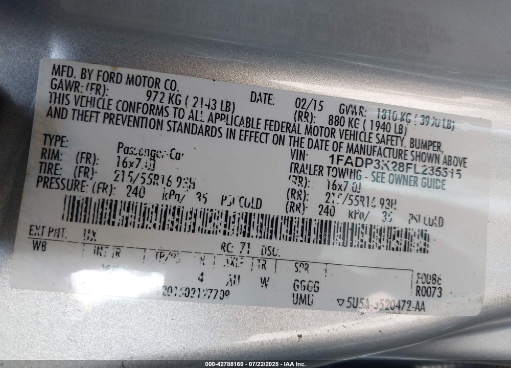 2015 FORD FOCUS VIN: 1FADP3K28FL235515