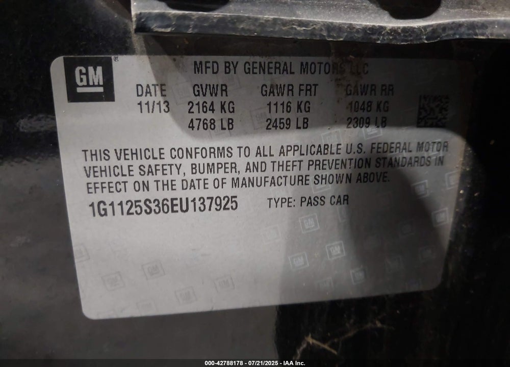 2014 CHEVROLET IMPALA VIN: 1G1125S36EU137925