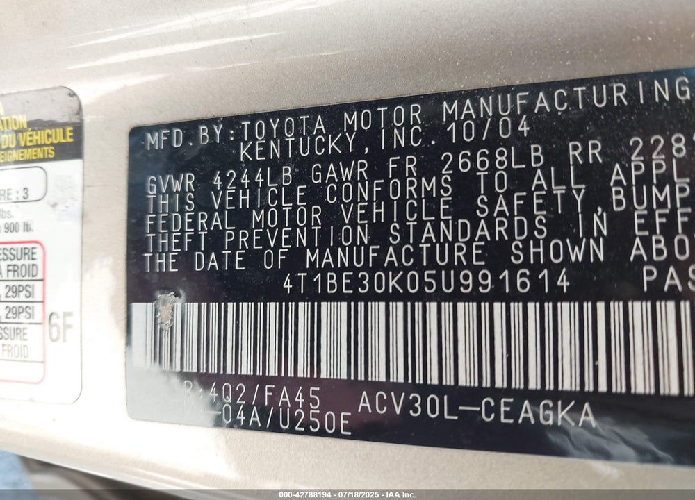 2005 TOYOTA CAMRY VIN: 4T1BE30K05U991614