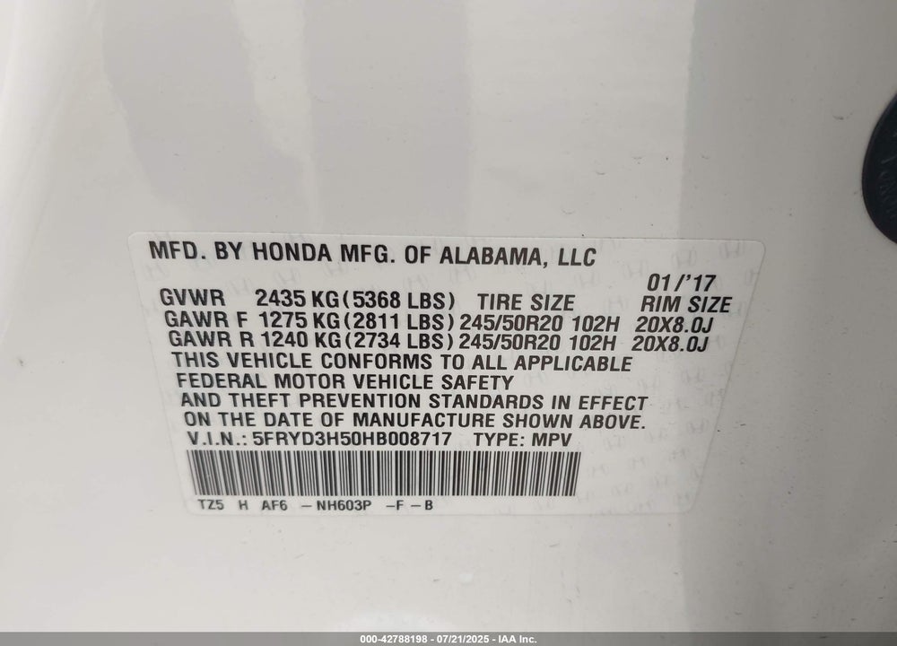 2017 ACURA MDX VIN: 5FRYD3H50HB008717