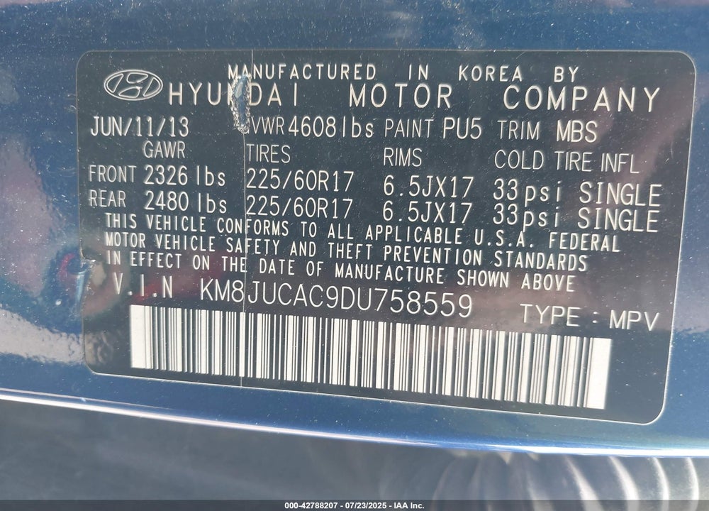 2013 HYUNDAI TUCSON VIN: KM8JUCAC9DU758559
