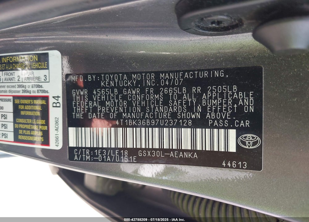 2007 TOYOTA AVALON VIN: 4T1BK36B97U237128