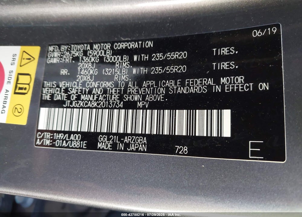 2019 LEXUS RX 350L VIN: JTJGZKCA8K2013734