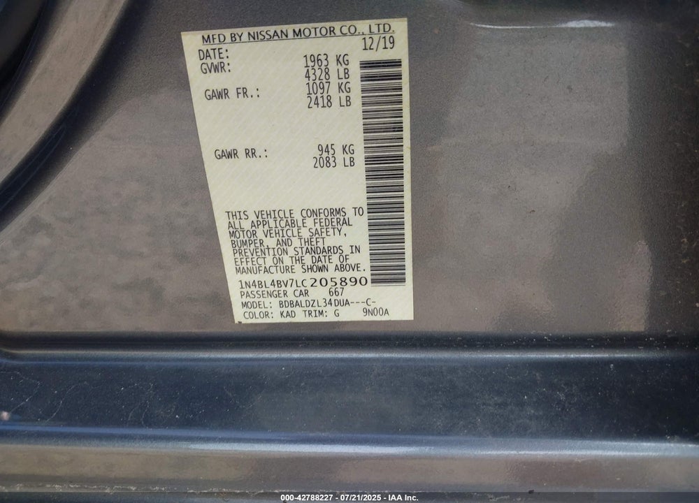 2020 NISSAN ALTIMA VIN: 1N4BL4BV7LC205890