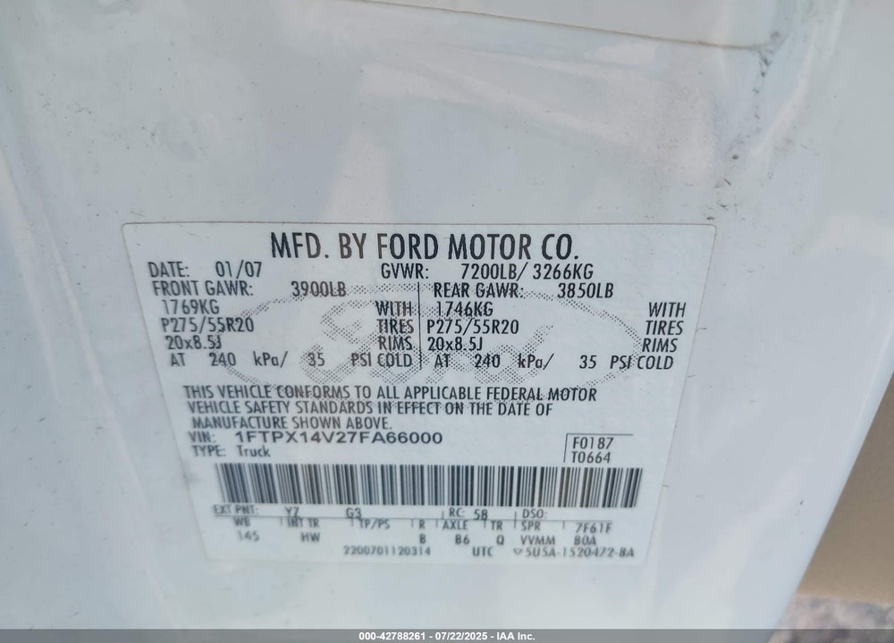 2007 FORD F-150 VIN: 1FTPX14V27FA66000