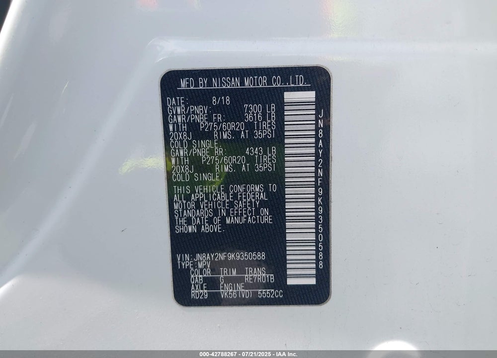 2019 NISSAN ARMADA VIN: JN8AY2NF9K9350588