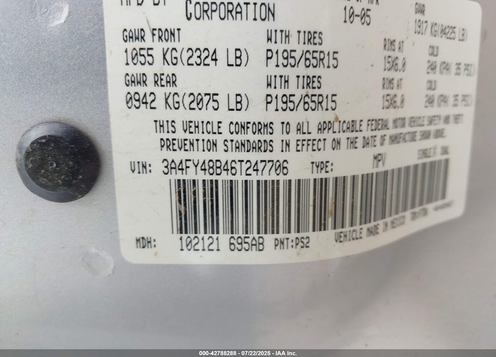 2006 CHRYSLER PT CRUISER VIN: 3A4FY48B46T247706