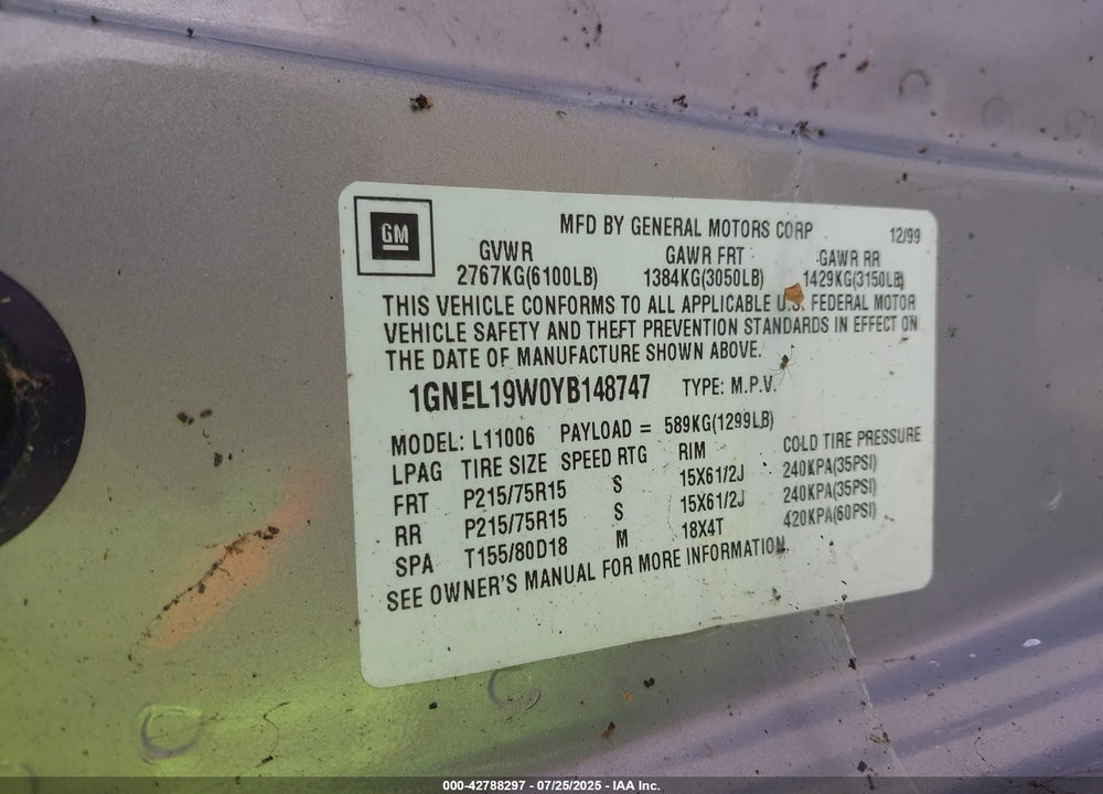 2000 CHEVROLET ASTRO VIN: 1GNEL19W0YB148747