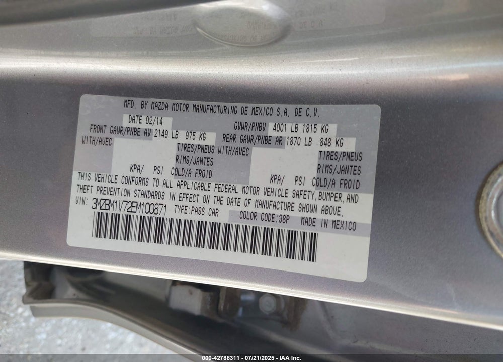 2014 MAZDA 3 VIN: 3MZBM1V72EM100871