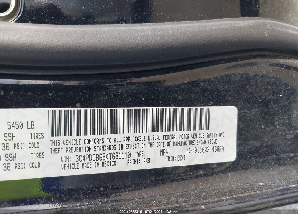 2019 DODGE JOURNEY VIN: 3C4PDCBG6KT681110